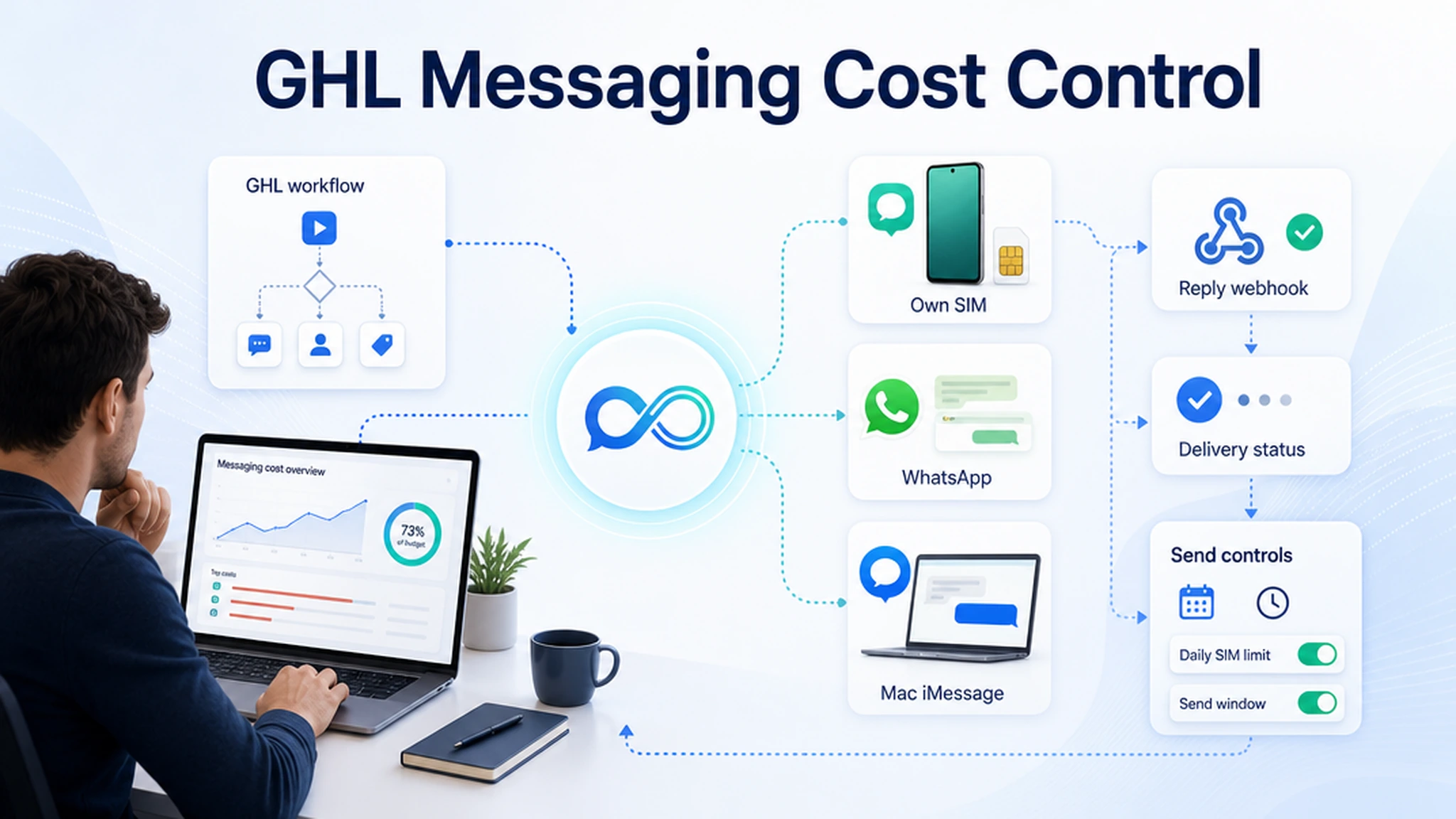 Bright InfiniReach explainer showing GoHighLevel workflows routed to own-SIM SMS, WhatsApp, Mac iMessage, replies, and send-control cards